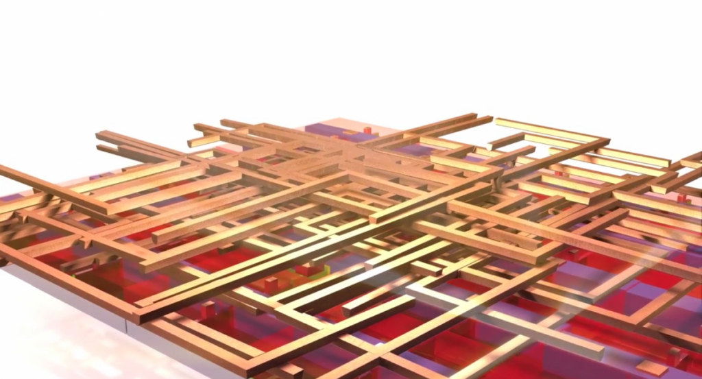 Bron, poort en afvoer worden met andere transistors verbonden. Laag na laag ontstaan er verschillende verbindingen. Transistors worden gecombineerd in logische schakelingen, die op hun beurt met elkaar en met een stroomtoevoer verbonden worden. Een chip heeft wel 50 lagen met onderling verbonden interconnects.