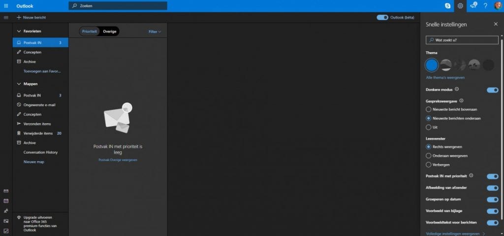 Donkere modus in Outlook.com