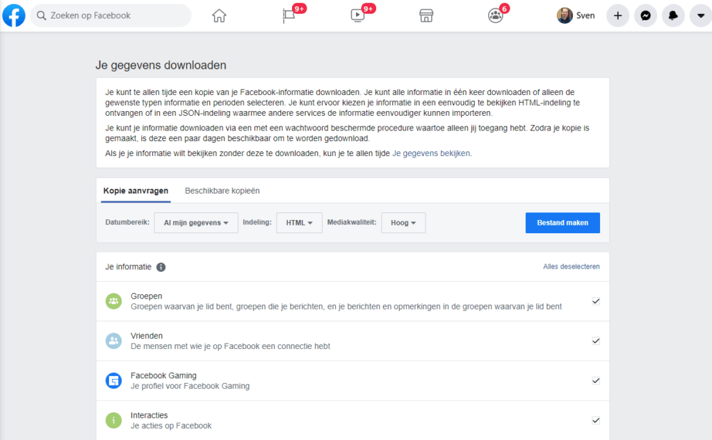 Facebook gegevens downloaden