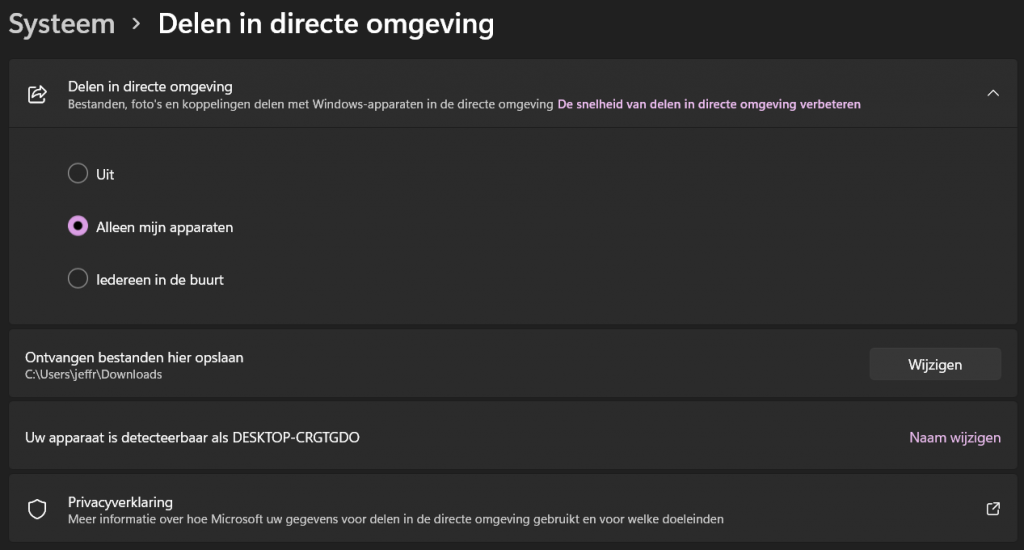 Delen in directe omgeving instellen